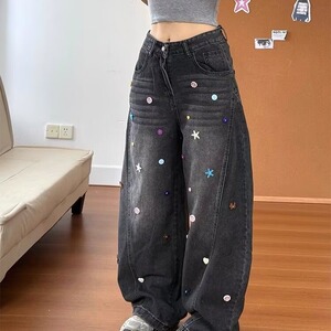 美式ins设计感重工碎钻高腰微喇叭牛仔裤女夏季复古修身遮胯长裤图片