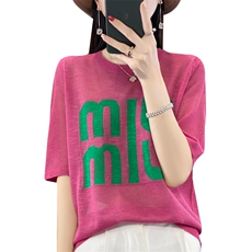 2024年夏季短袖套头圆领时尚气质字母显瘦针织衫，女装针织衫/毛衣，大美人包芯纱店