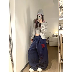 美式街头松紧腰印花直筒卫裤男女生年秋季新款时髦小众别致弯刀裤，男装休闲裤，星座302B