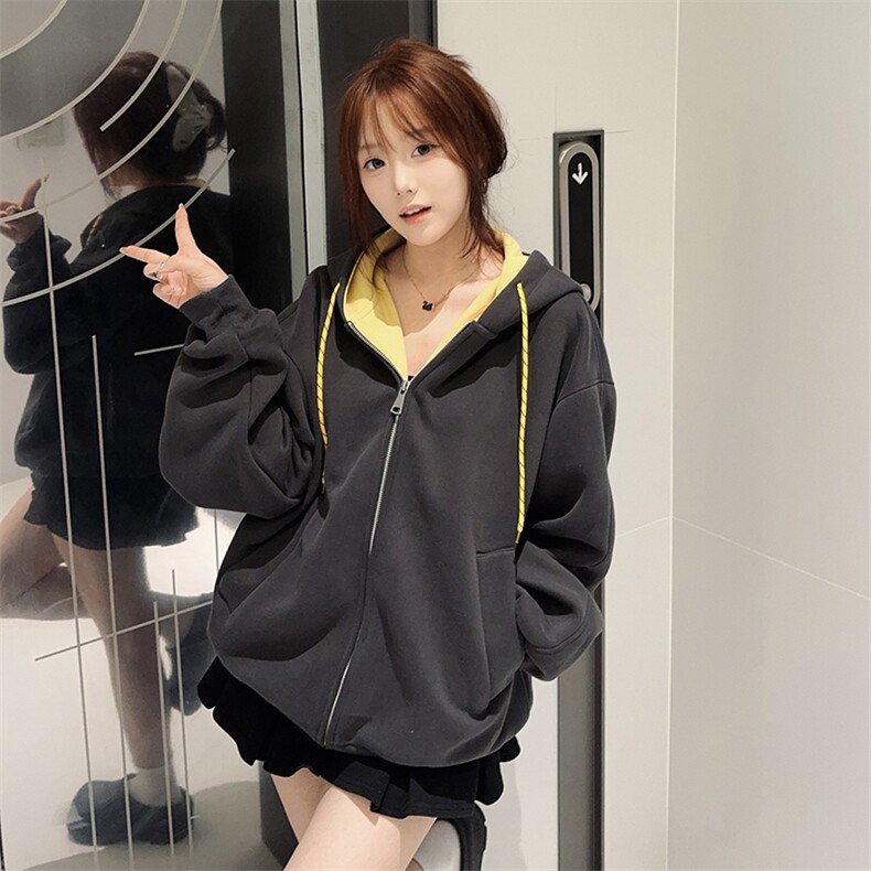 抖音得物二开美式高街重磅结构双层撞色连帽卫衣开衫外套W116，女装短外套，电商A486-1