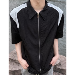 撞色拼接t短袖衬衫男垫肩高级感小众设计尼龙褶皱半袖衬衣图片