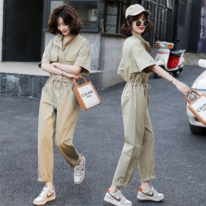 立领连衣裤2021夏装新款简约时尚百搭工装风抽绳收腰显瘦连体裤女，女装连体裤，辉之琳