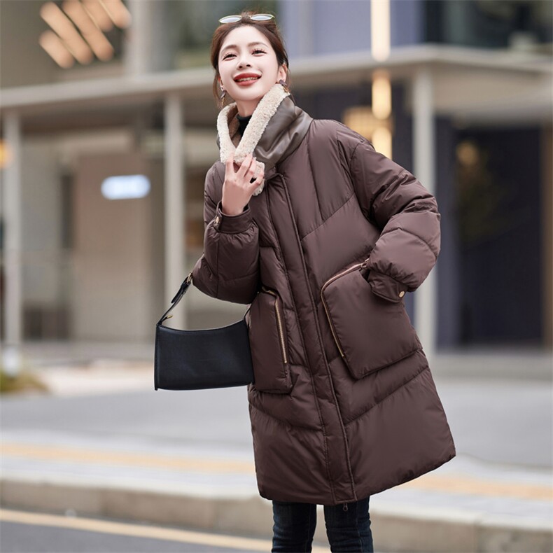 现货2023冬季新款拼接加厚中长款羽绒服女白鸭绒防寒外套,女装羽绒服,仟媚宠