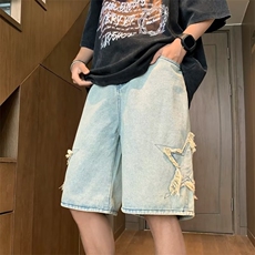 牛仔短裤男女夏宽松设计感裤子美式高街星星五分裤潮牌D3098-P38，男装牛仔裤，星座1008