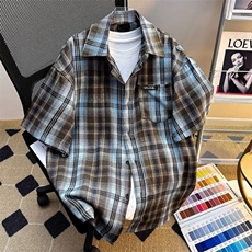 美式复古格纹短袖衬衫男女潮夏季新款宽松休闲百搭上衣-CS5511，男装衬衫，星座601-1