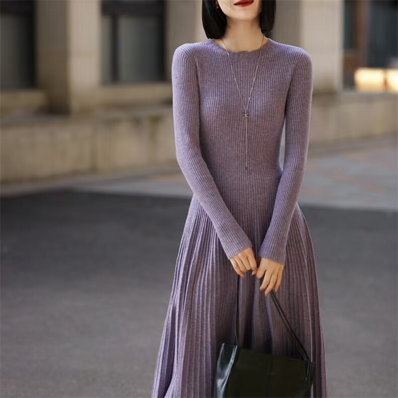 2025秋冬新款羊绒裙女100纯羊绒气质修身纯色内搭长裙圆领针织裙,女装连衣裙,唯若美羊绒