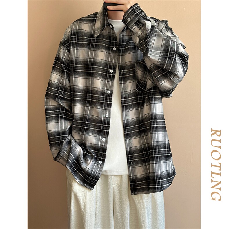 现货春秋长袖格子衬衫外套宽松潮牌休闲内搭衬衣-AC23086-特批P58,男装衬衫,电商A351