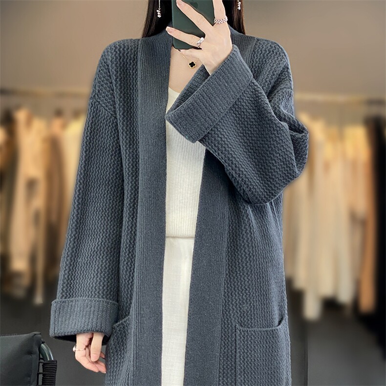 重磅中长款加厚100纯羊毛开衫女秋冬V领过膝羊绒衫宽松慵懒风外套,女装羊毛衫,北娇羊绒