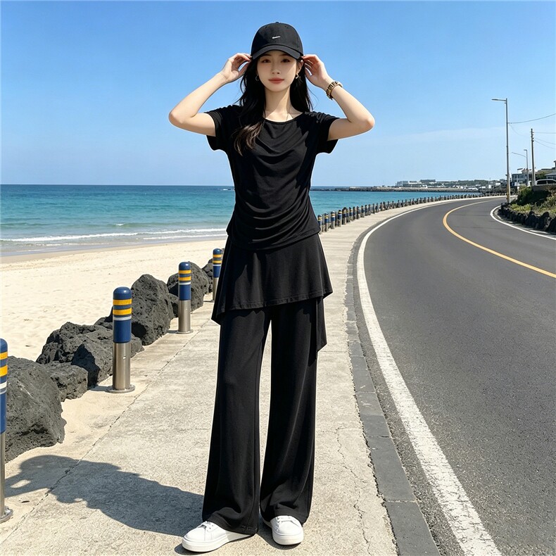 韩版时尚休闲套装女夏季新款斜肩收腰短袖上衣蕾丝屁帘长裤两件套,女装套装/套裙,江南