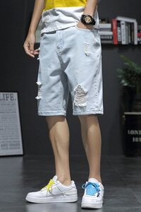 2021夏新日系大码男新灰墙潮流破洞刮烂乞丐裤牛仔短裤ND8129-P40图片