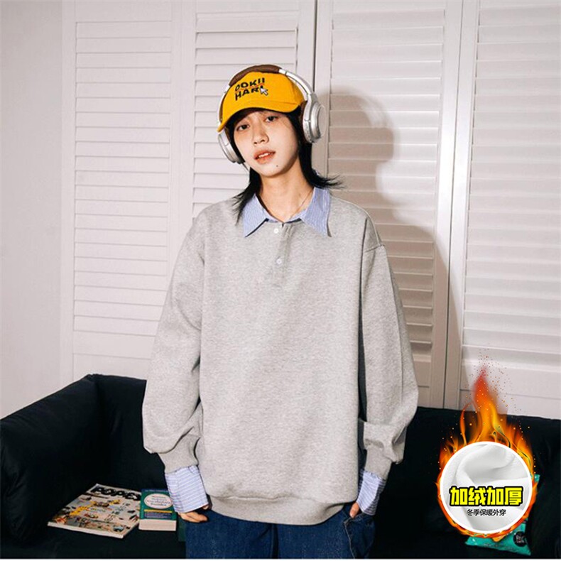 重磅加绒硬挺boxy男女美式高街假两件衬衫领长袖卫衣POLO领打底衫，男装T恤，电商A486-1