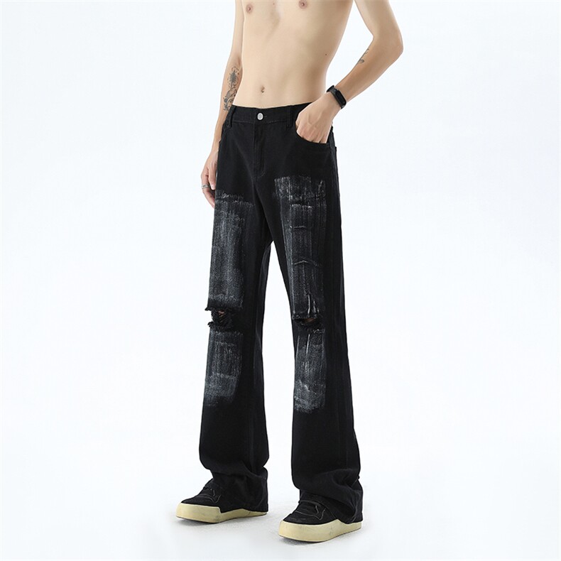 B221美式ins高街暗黑破洞喷墨弹力微喇牛仔裤LK24201-P55控78,男装牛仔裤,电商B221