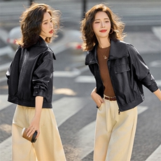 海宁皮衣2025新款时尚气质休闲高级感宽松翻领显瘦皮衣外套，女装皮衣，跑量工厂店