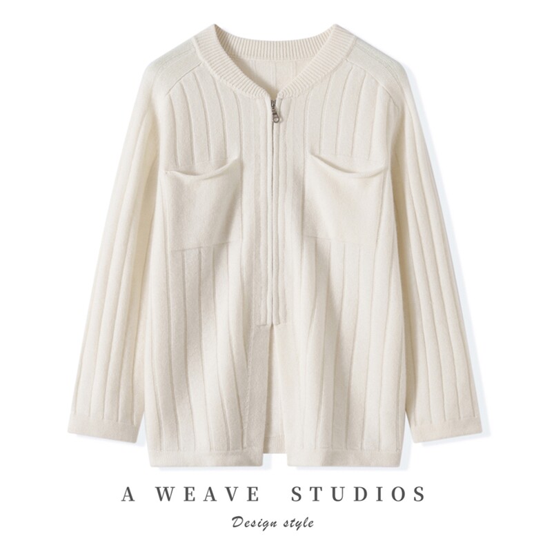2025秋冬百搭时尚前开叉拉链开衫针织衫，女装羊绒衫，昭美纯山羊绒