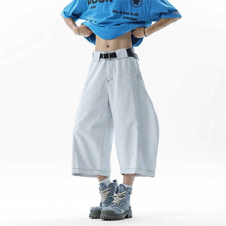 牛仔短裤男夏高街休闲明线设计感宽松痞帅气弯刀七分裤YD702-P65图片