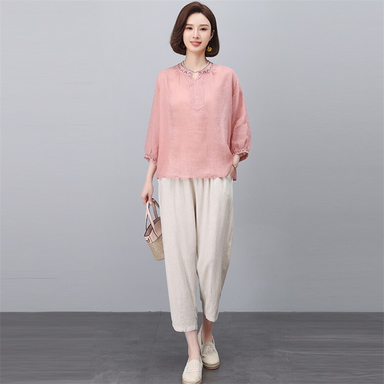 2025年夏季新款休闲简约苎麻两件套,女装套装/套裙,悦见她
