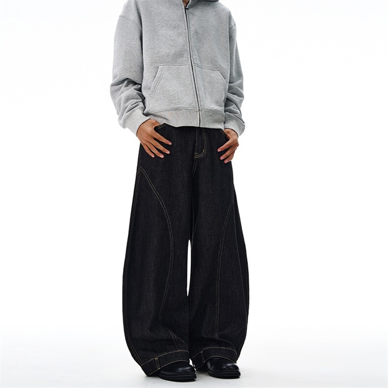2025丹宁原牛廓形设计感拼接弯刀裤baggy牛仔裤男女街头美式阔腿，男装牛仔裤，星座301D-3