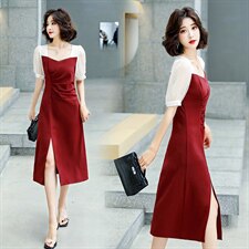 2021年夏季新款气质修身显瘦方领短袖中长款开叉拼色连衣裙，女装连衣裙，盈茜