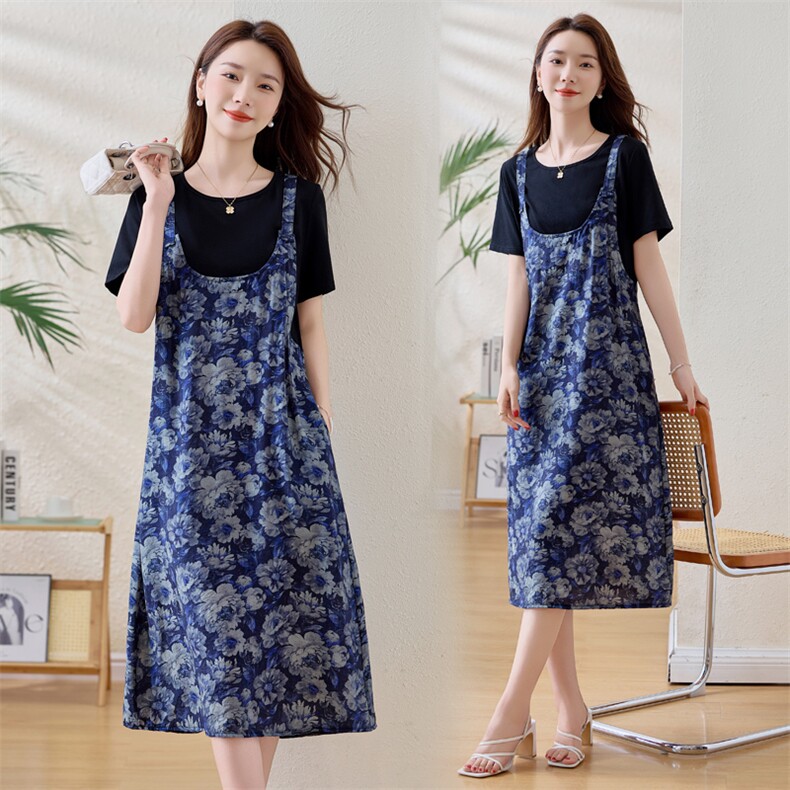 气质假两件拼接印花背带连衣裙女2025夏新款宽松洋气减龄休闲裙子，女装连衣裙，余墨