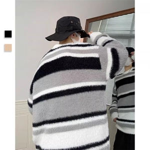 1506-1/MY141/P56软糯保暖毛衣男生宽松慵懒潮牌条纹圆领线衣图片