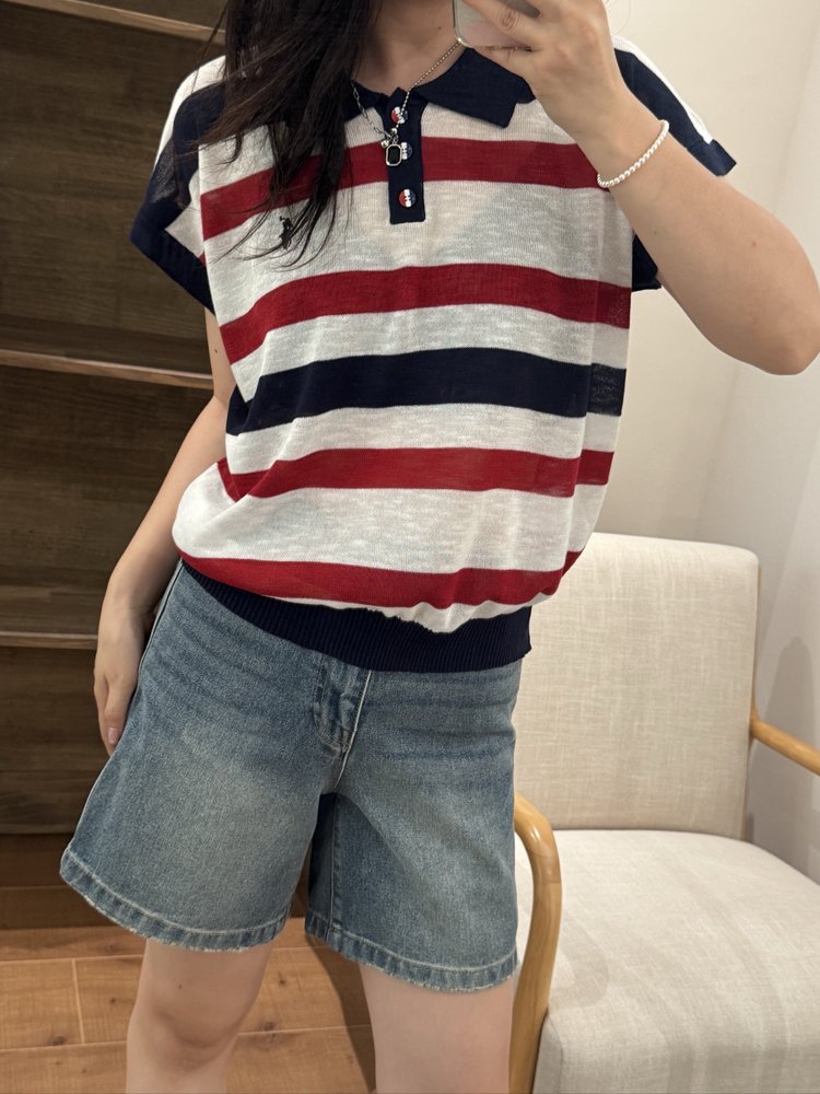 夏季新款简约时尚百搭女士三款条纹刺绣短袖,女装T恤,沐策羊绒