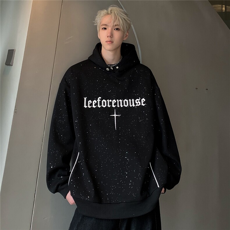 原创满天星连帽拼接卫衣春秋季宽松情侣字母刺绣印花帽衫W92-P68,男装卫衣,电商C307A