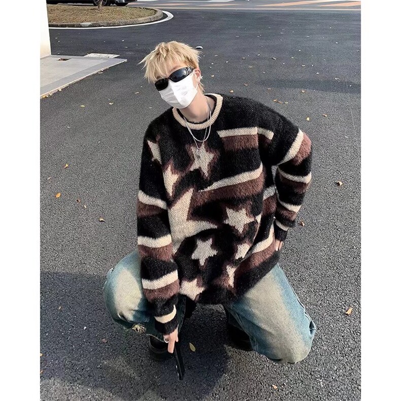 美式复古条纹星星提花马海毛绒针织衫男MY263-P60,男装针织衫/毛衣,星座1109-3
