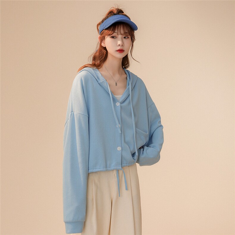 中性春夏潮流短款宽松口袋开衫抽绳卫衣外套P02P45控58,女装短外套,电商A268