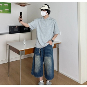 灰色美式短袖男款polo衫夏季高级感设计感翻领t恤cleanfit七分袖图片