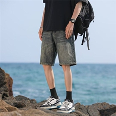 美式高街复古水洗牛仔短裤男直筒宽松大码潮牌vibe港风五分裤夏季，男装牛仔裤，星座601-1