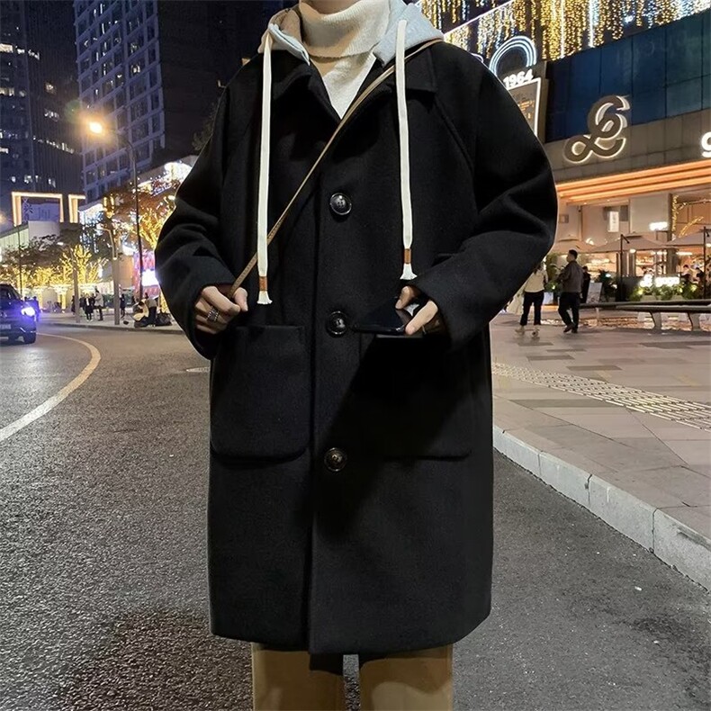 假两件连帽毛呢大衣男中长款痞帅日系潮流风衣外套春秋W4400-P75,男装毛呢大衣,星座412-2