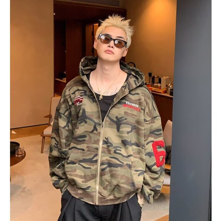 美式复古迷彩开衫连帽卫衣外套男女加绒潮牌刺绣百搭宽松休闲帽衫,女装短外套,星座506A