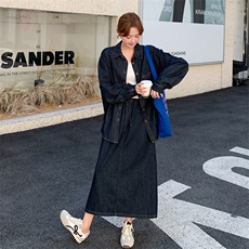 深蓝色挺括牛仔衬衫半身裙套装女2025新款秋季气质韩版淡人两件套，女装套装/套裙，2C198