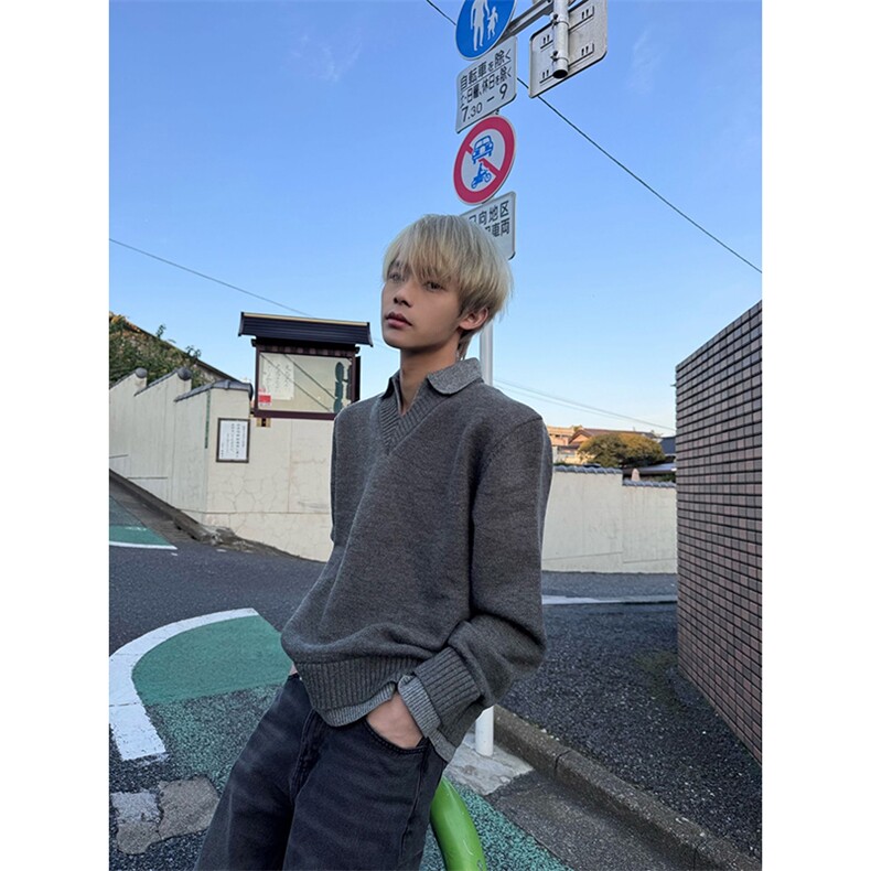 重磅北极绒假两件衬衫领毛衣美式高街复古休闲慵懒纯色翻领针织衫，男装针织衫/毛衣，电商A486-1