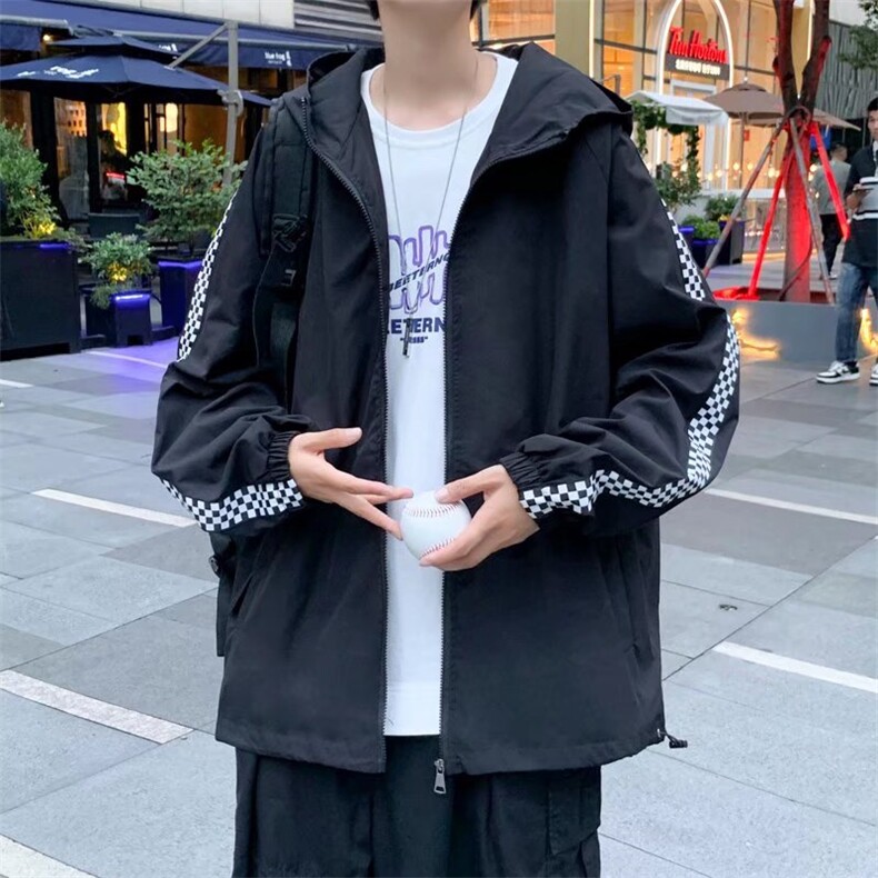 棋盘格拼接夹克男士春季潮流宽松个性连帽夹克W015P38,男装夹克,星座1116-2