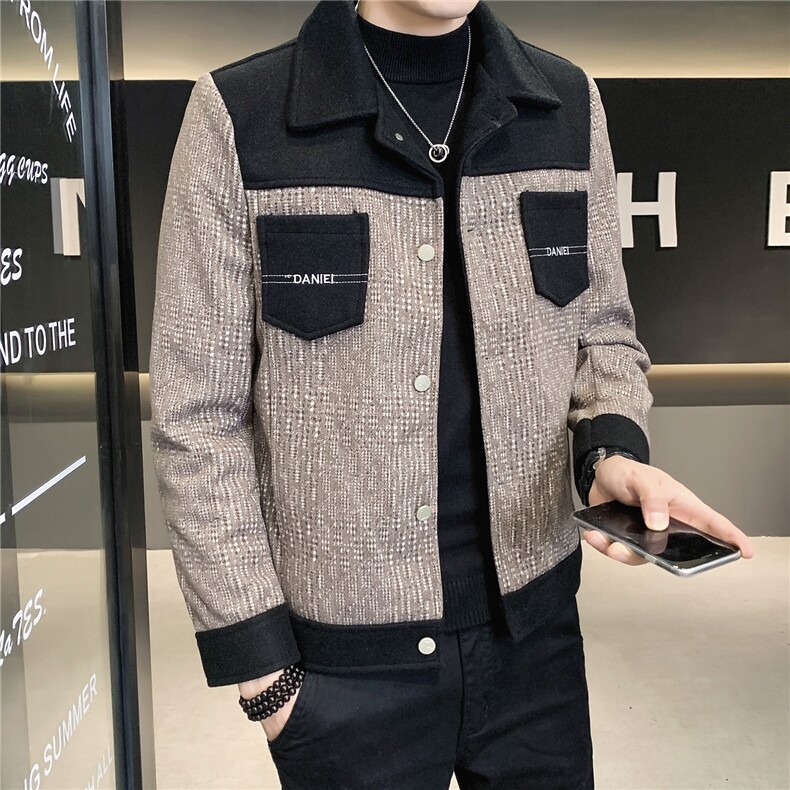 2023秋冬新款修身拼色翻领毛呢大衣男夹克外套男N8868-p120,男装毛呢大衣,电商D303
