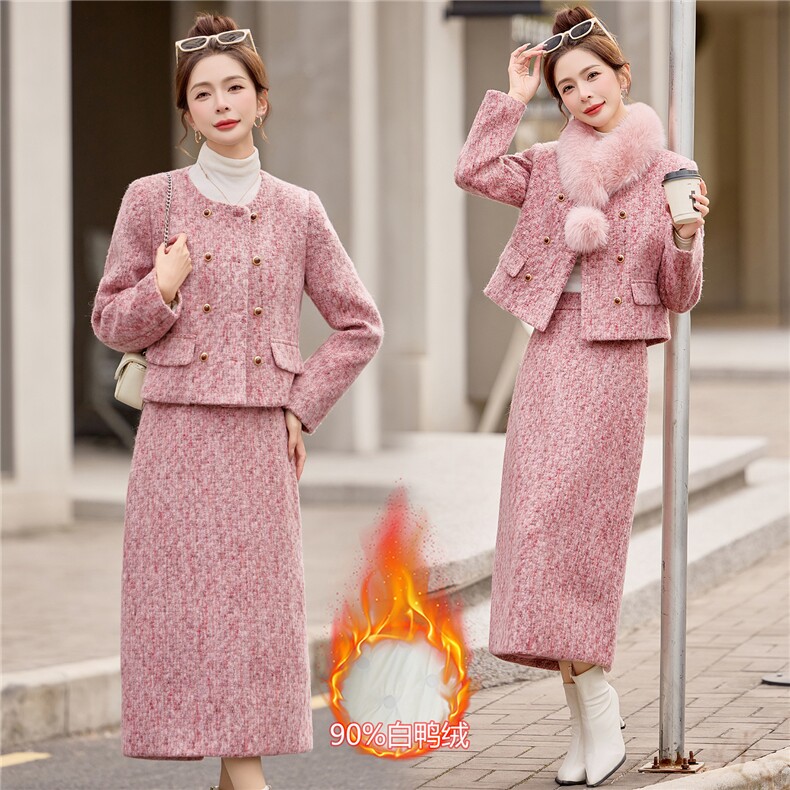 【现货bao款】2026冬装新款韩式淑女小香羽绒长裙套装90绒狐狸毛，女装套装/套裙，众宇琦