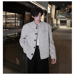 小香风短款垫肩格子外套男痞帅飞行夹克新中式西服W6647-P65图片