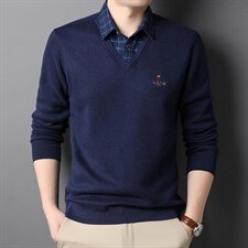 中年男士加绒纯色长袖假两件打底秋季翻领男装针织衫HPNAK252-P90，男装针织衫/毛衣，电商B212（原钱塘6029）