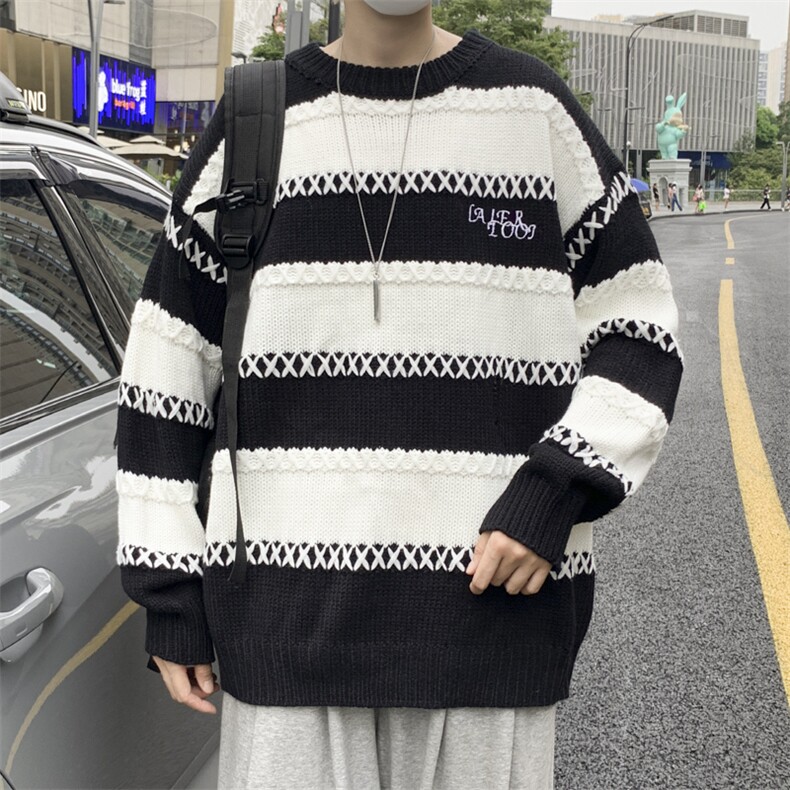 新款设计感小众慵懒风毛衣情侣针织衫秋冬oversize条纹M652-P43,男装针织衫/毛衣,星座512-3