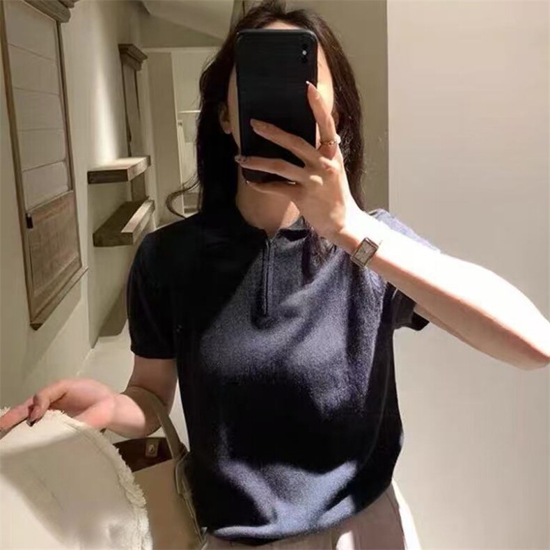 翻领时尚短袖夏季新款百搭修身型,女装T恤,锦弘羊绒