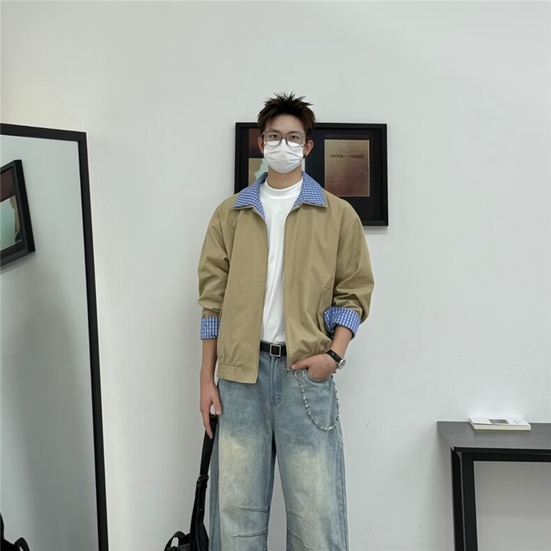 9223-P65夏季新款学院风假两件格纹拼接衬衫领短袖T恤,男装T恤,电商B323A