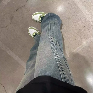 设计感拼接阔腿牛仔裤男女秋冬季新款宽松显瘦百搭直筒拖地裤子潮图片