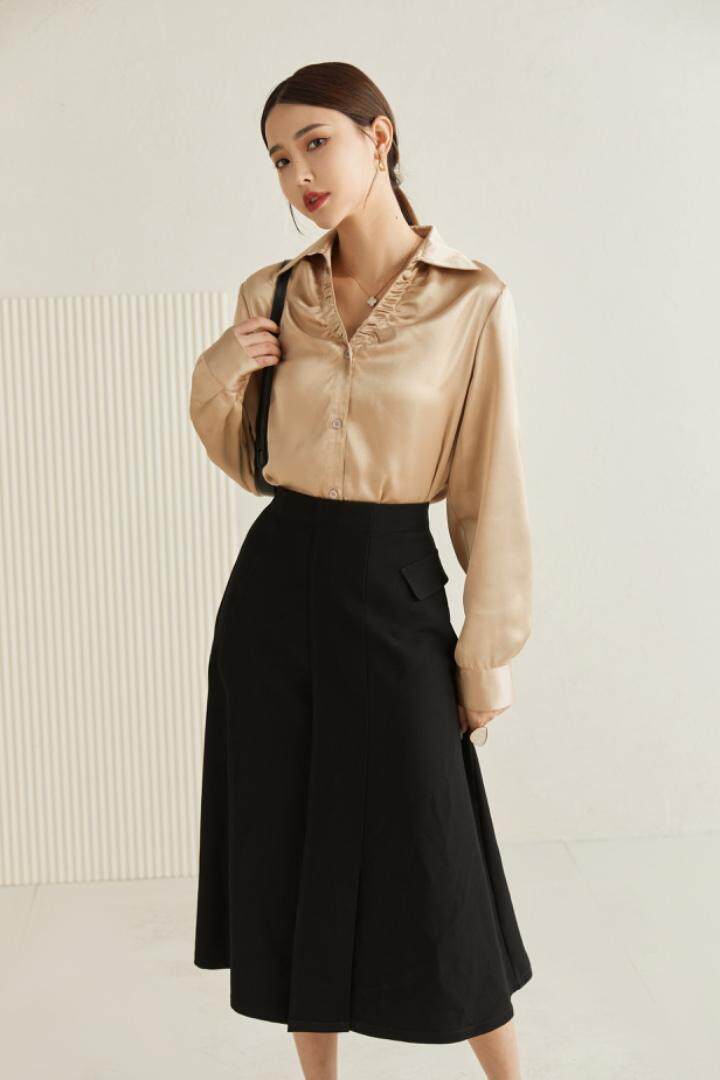 （现货）褶皱缎面V领简约衬衣，其它，M&VC