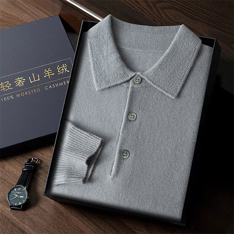 男士秋冬季新款简约休闲POLO3扣衬衫35%羊绒衫长袖,男装羊绒套衫,台绒羊绒