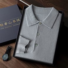 男士秋冬季新款简约休闲POLO3扣衬衫35%羊绒衫长袖，男装羊绒套衫，台绒羊绒