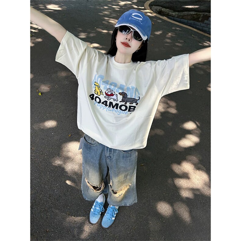 抖音得物 210克现货宽松纯棉美式潮牌印花落肩袖纯棉T恤AT21121图片