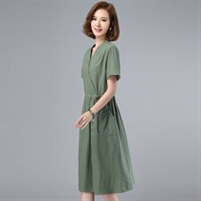 纯棉连衣裙女2023夏装新款中长款收腰显瘦V领妈妈洋气气质a字裙子，女装连衣裙，鑫鑫格