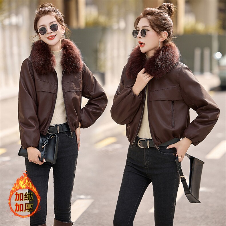 BAO款主推加绒短款皮衣外套女款2024冬季新款真毛领皮棉服夹克，女装皮衣，潮流依族