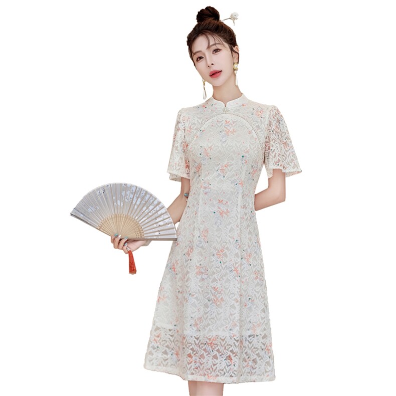 新中式绣花蕾丝连衣裙女夏季2024新款年轻款少女气质改良旗袍裙子,女装连衣裙,利佳可人